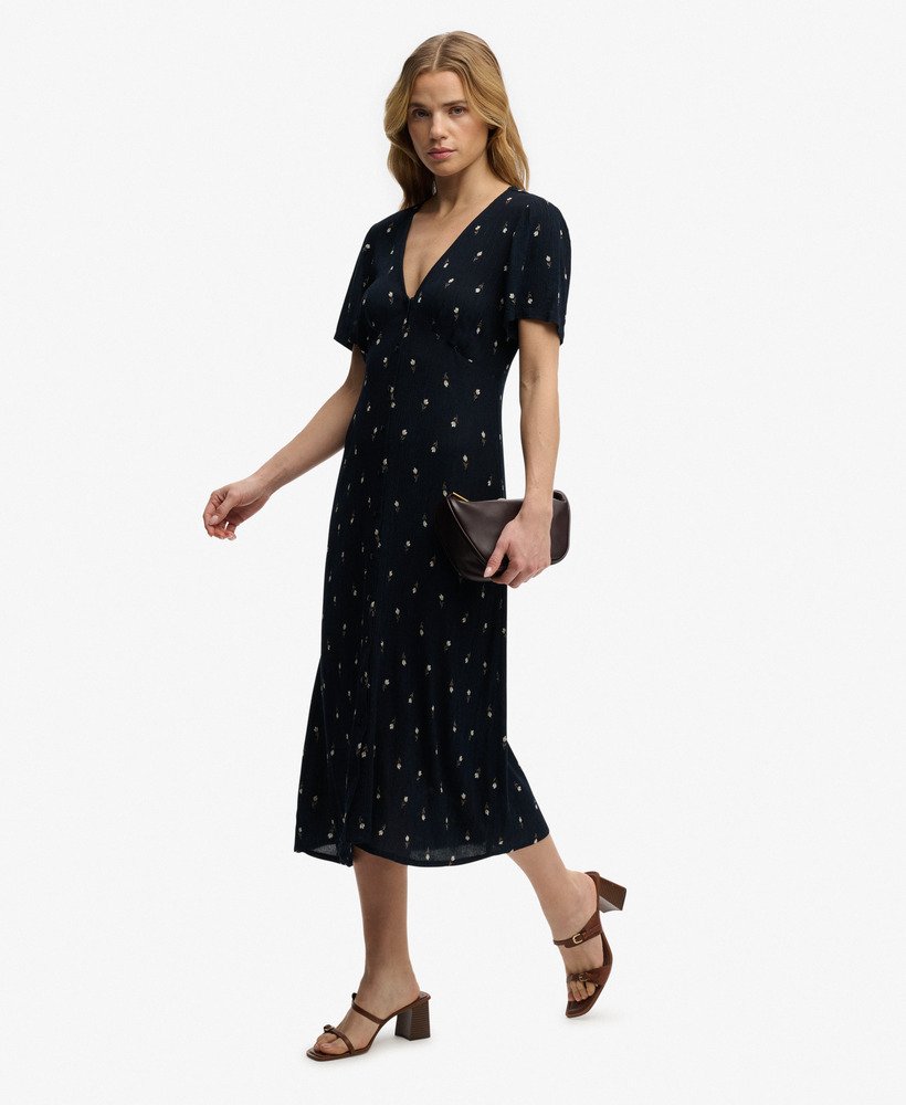 Printed Button Short Sleeve Midi Tea Dress