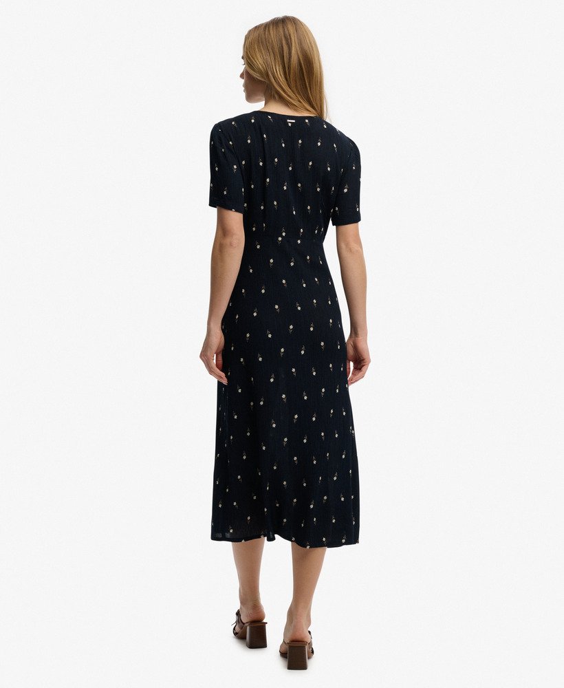Printed Button Short Sleeve Midi Tea Dress