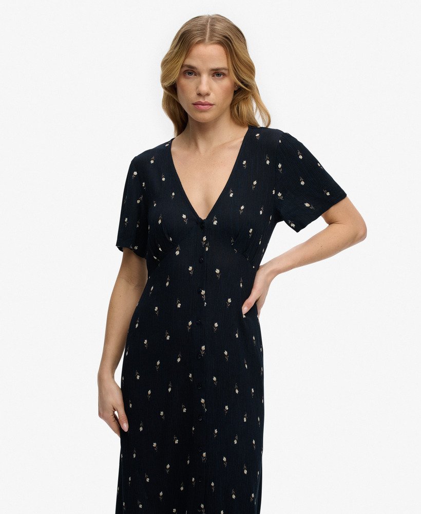 Printed Button Short Sleeve Midi Tea Dress