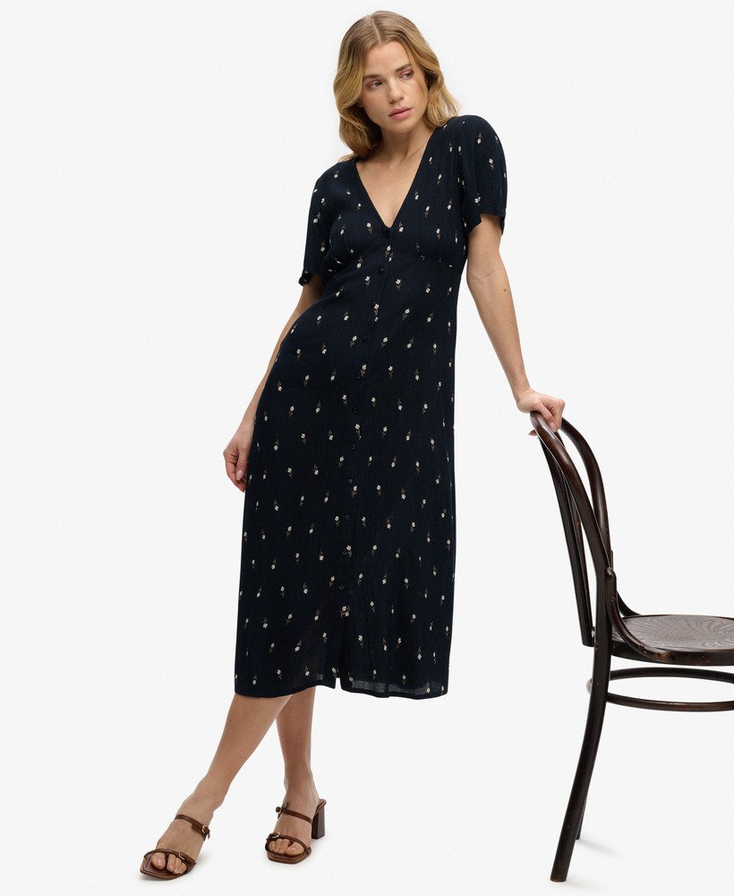 Printed Button Short Sleeve Midi Tea Dress