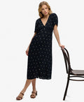 Printed Button Short Sleeve Midi Tea Dress