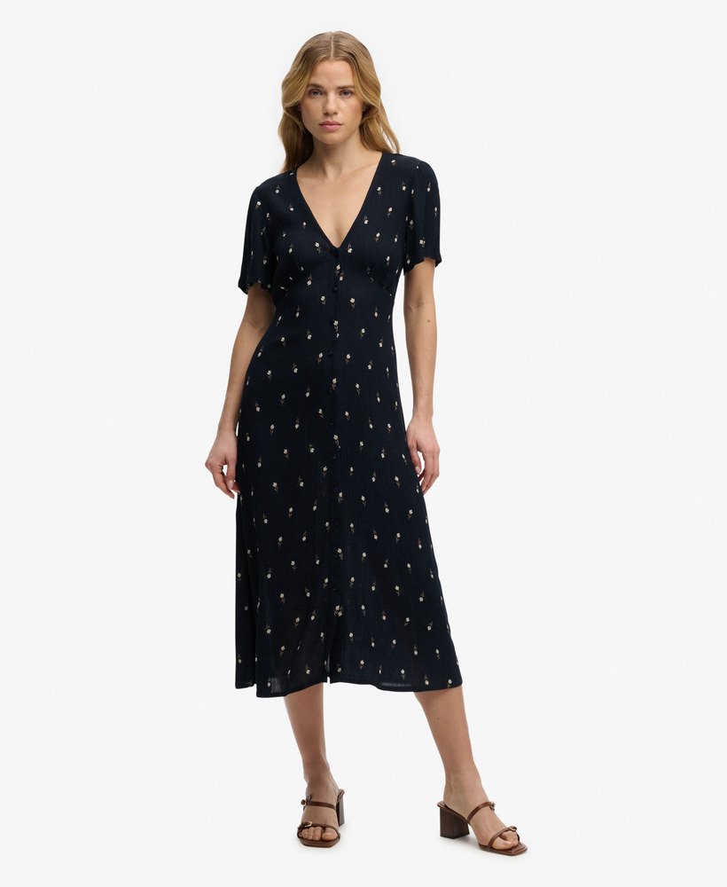 Printed Button Short Sleeve Midi Tea Dress