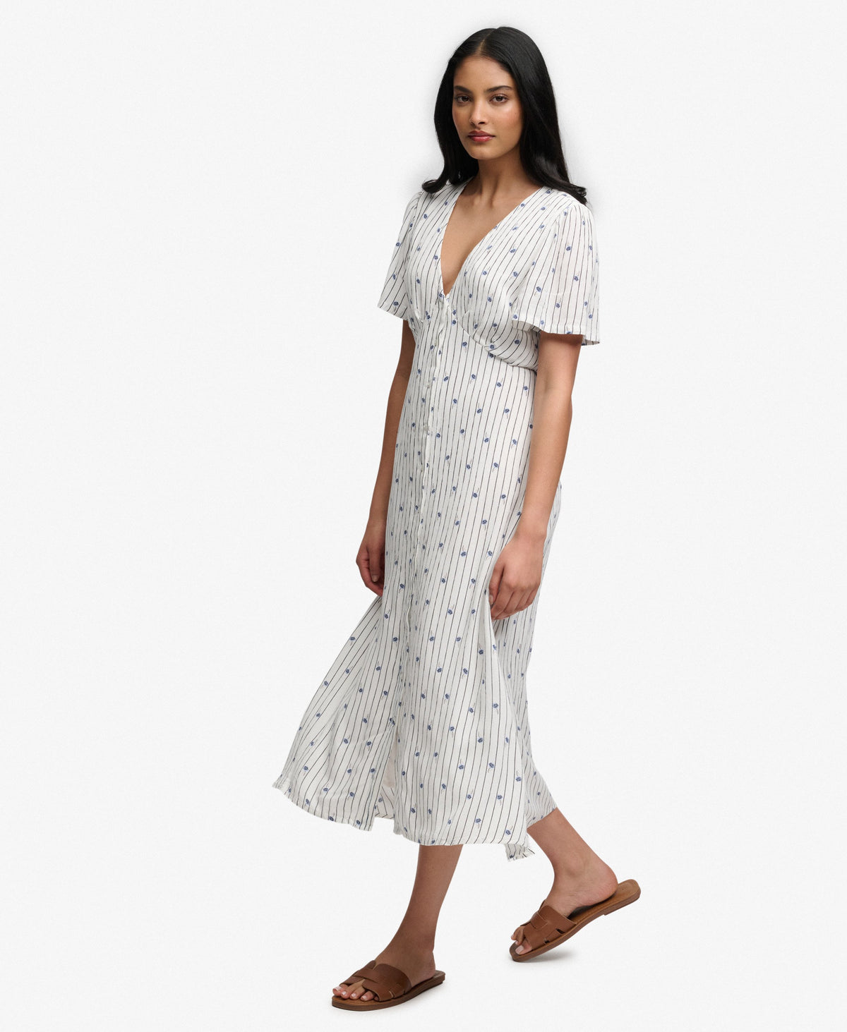 Printed Button Short Sleeve Midi Tea Dress