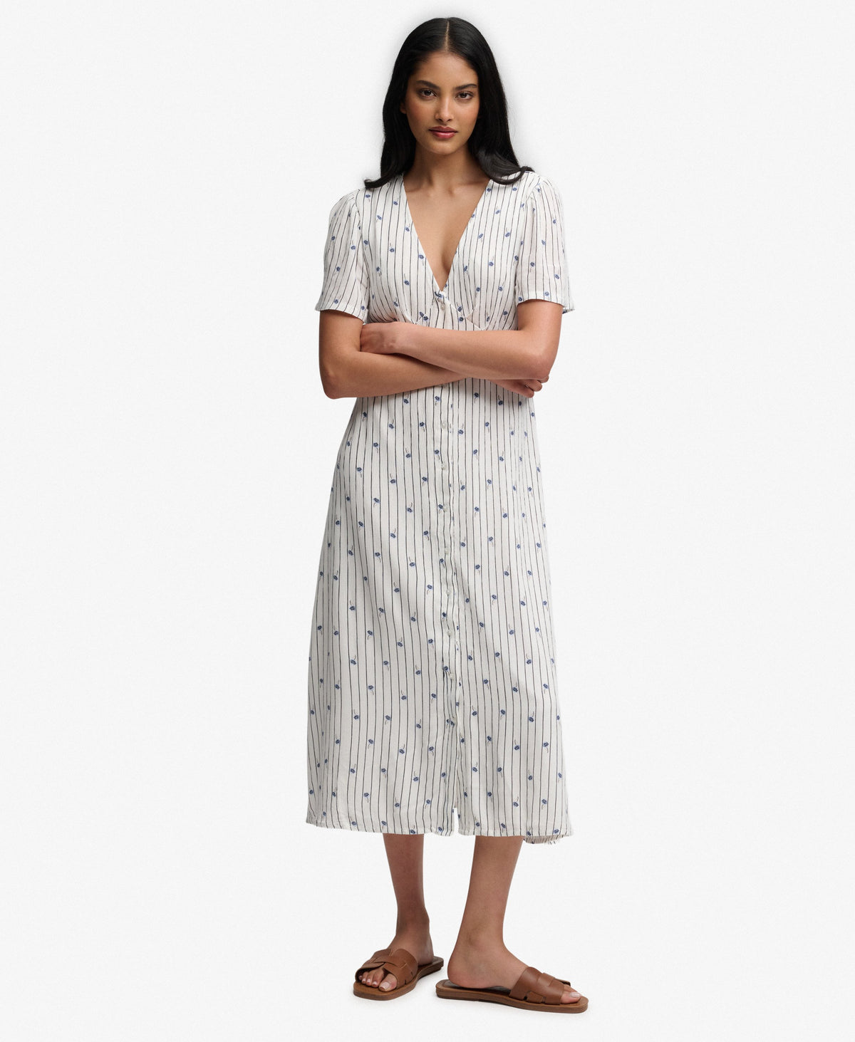 Printed Button Short Sleeve Midi Tea Dress