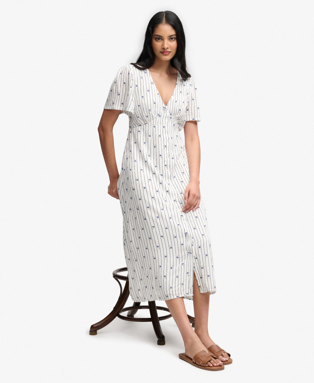 Printed Button Short Sleeve Midi Tea Dress
