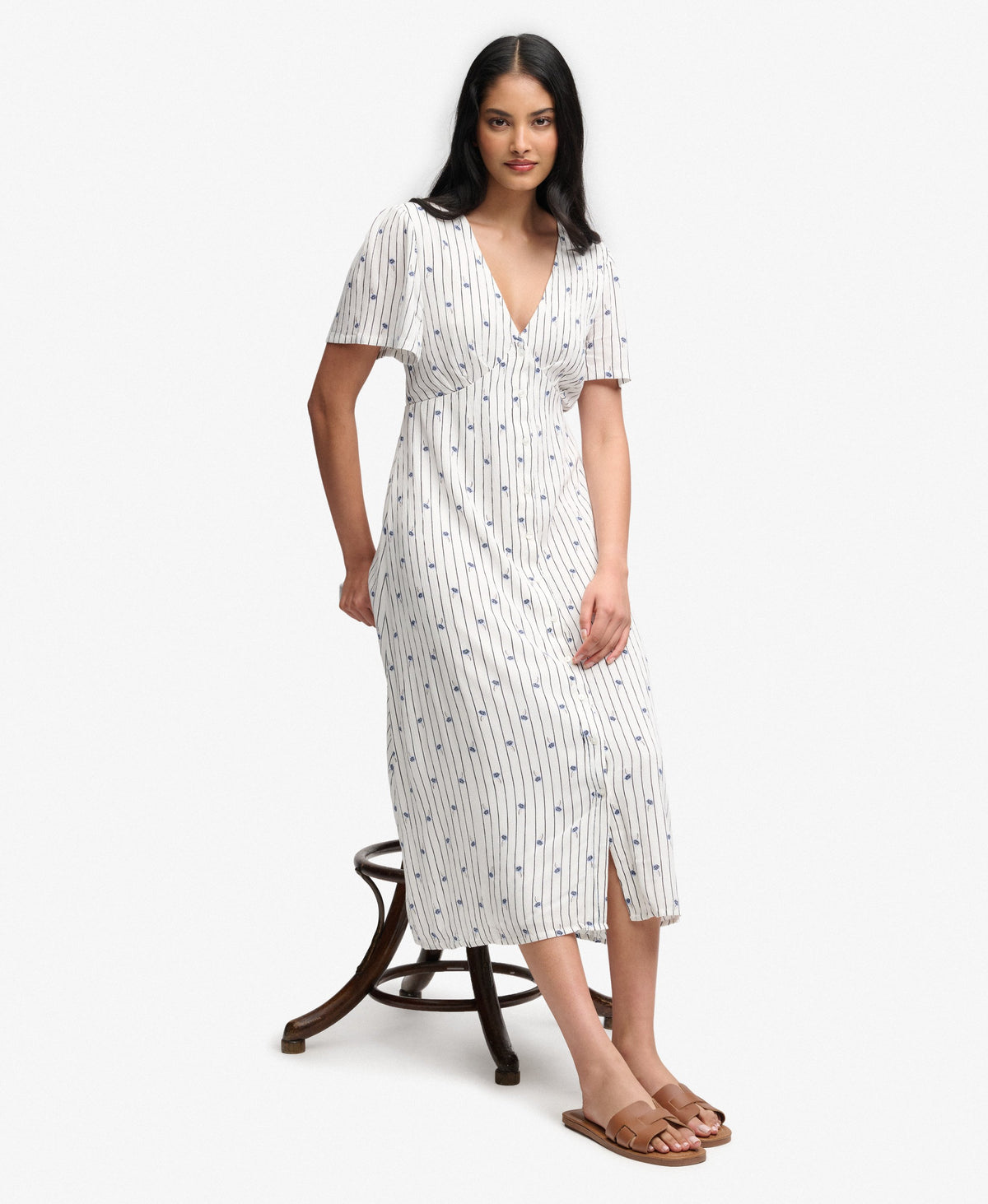 Printed Button Short Sleeve Midi Tea Dress