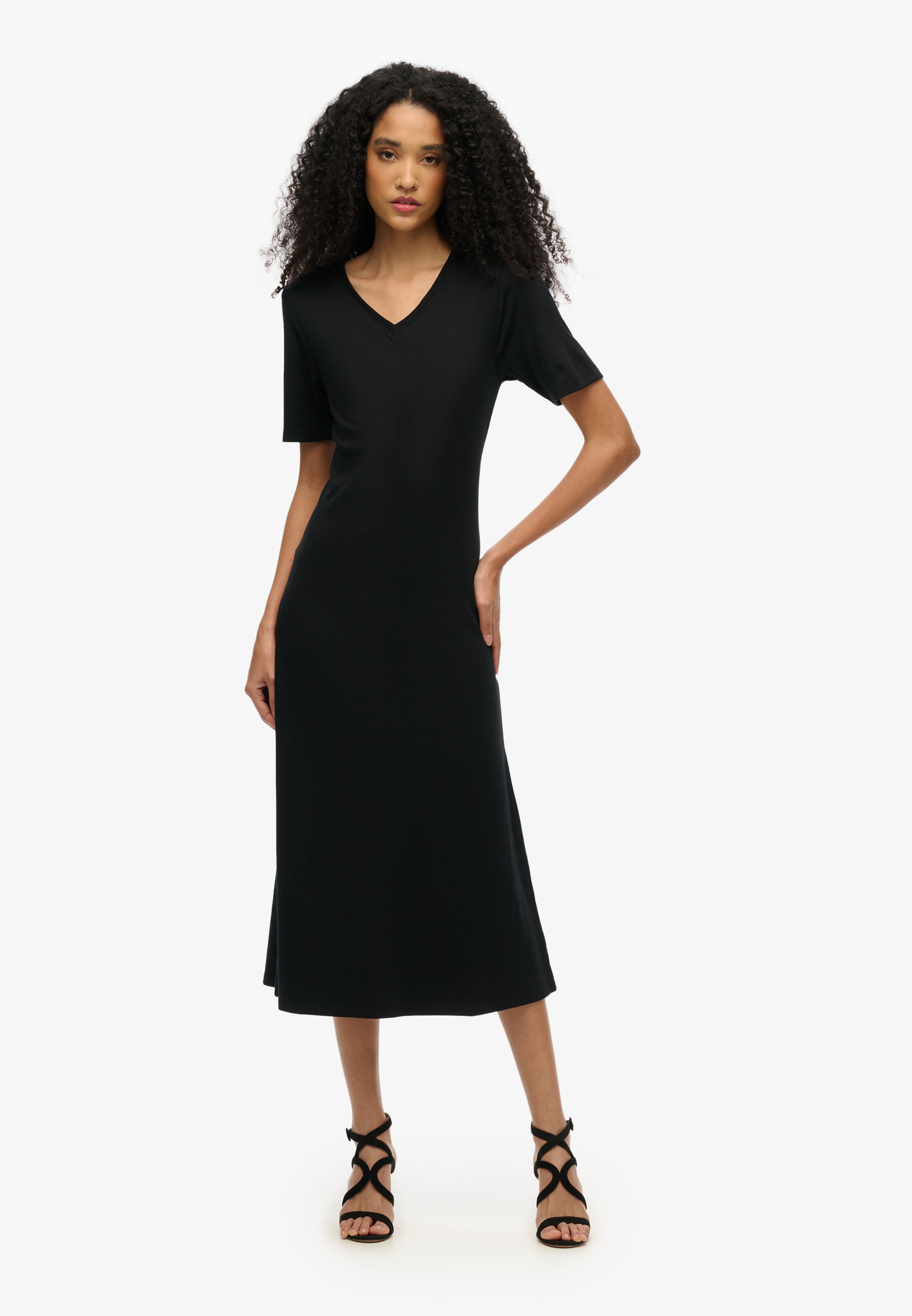 Short Sleeve V-Neck Midi Jersey Dress