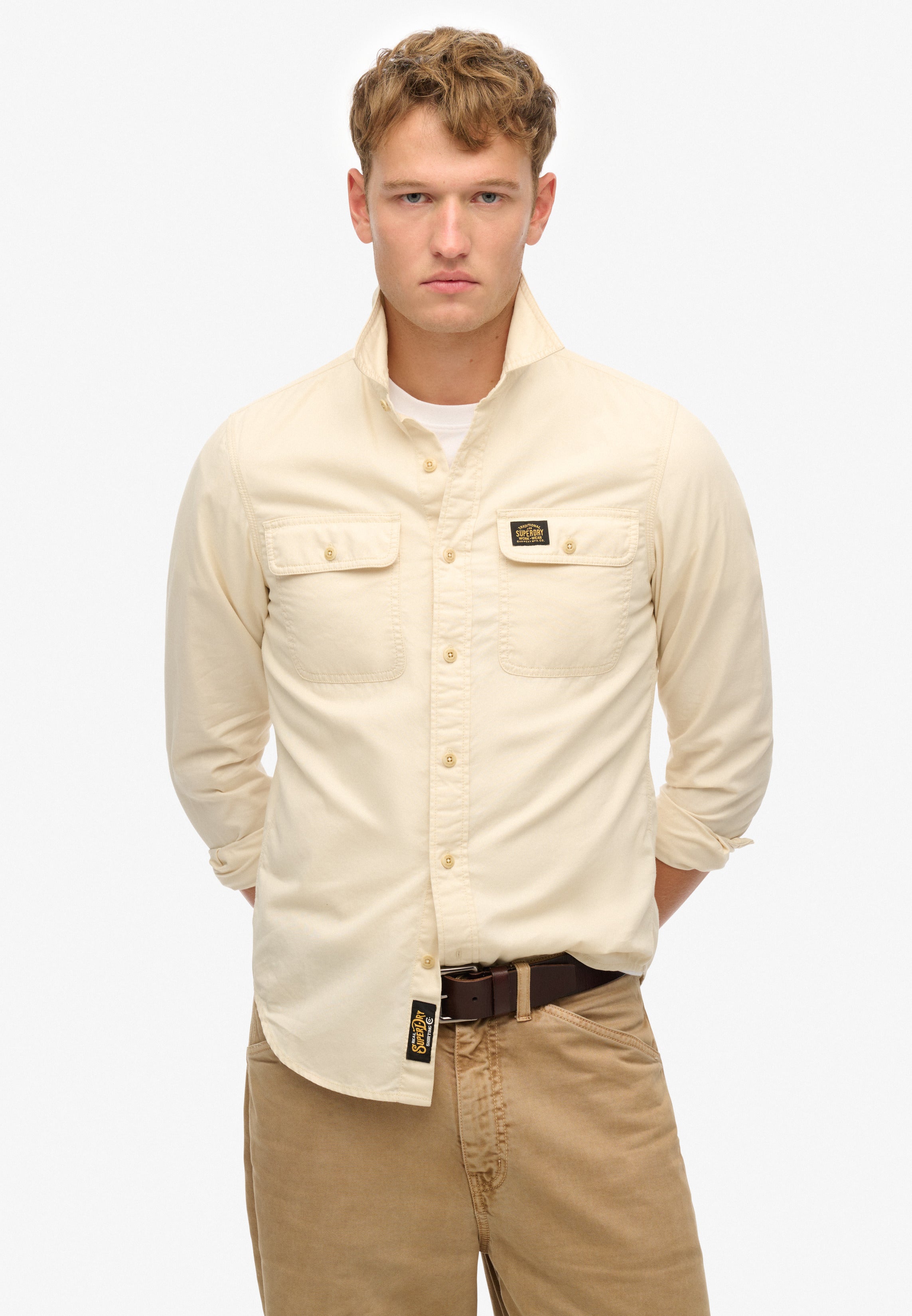 قميص عمل قطني طويل الأكمام