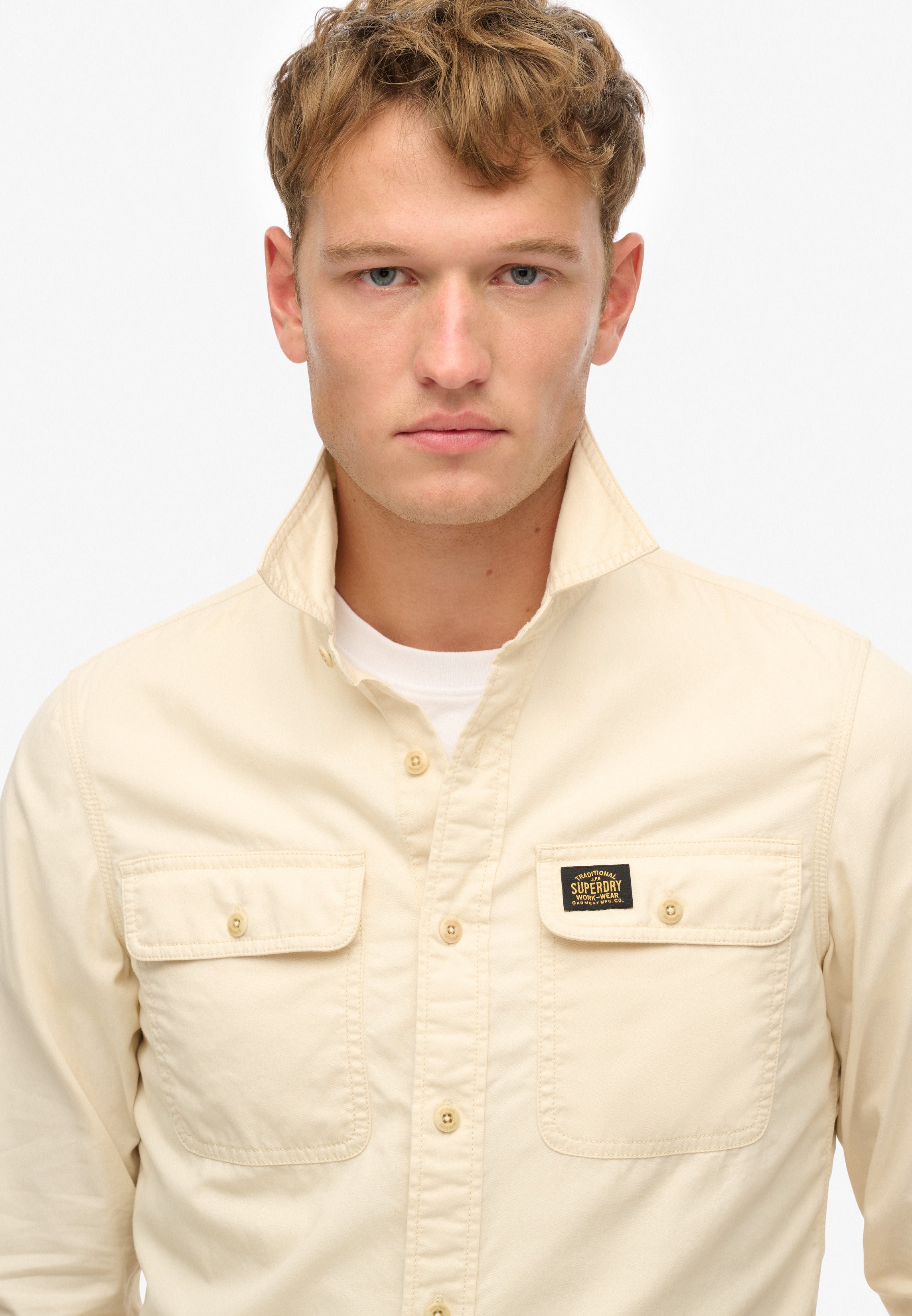 قميص عمل قطني طويل الأكمام