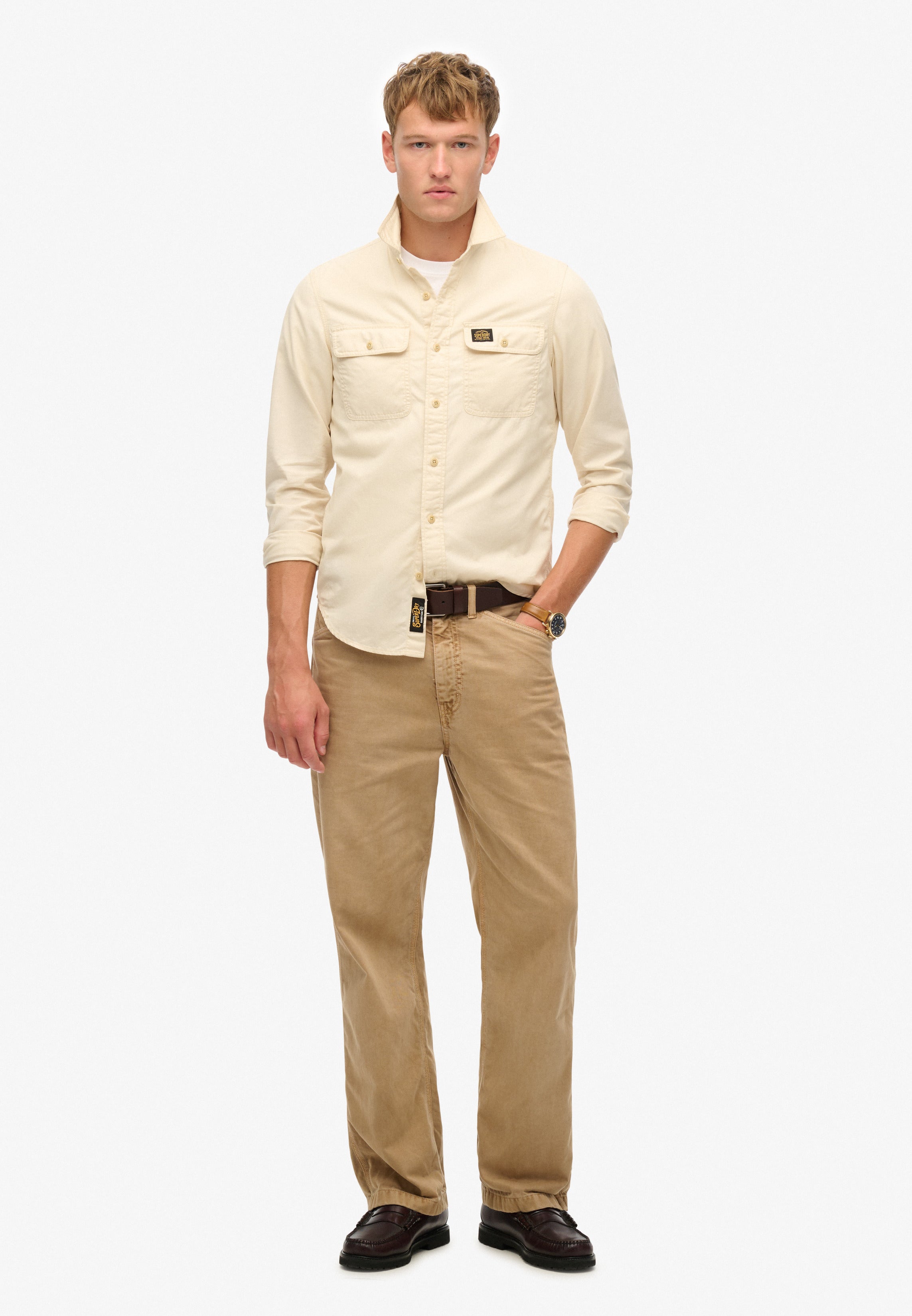 قميص عمل قطني طويل الأكمام