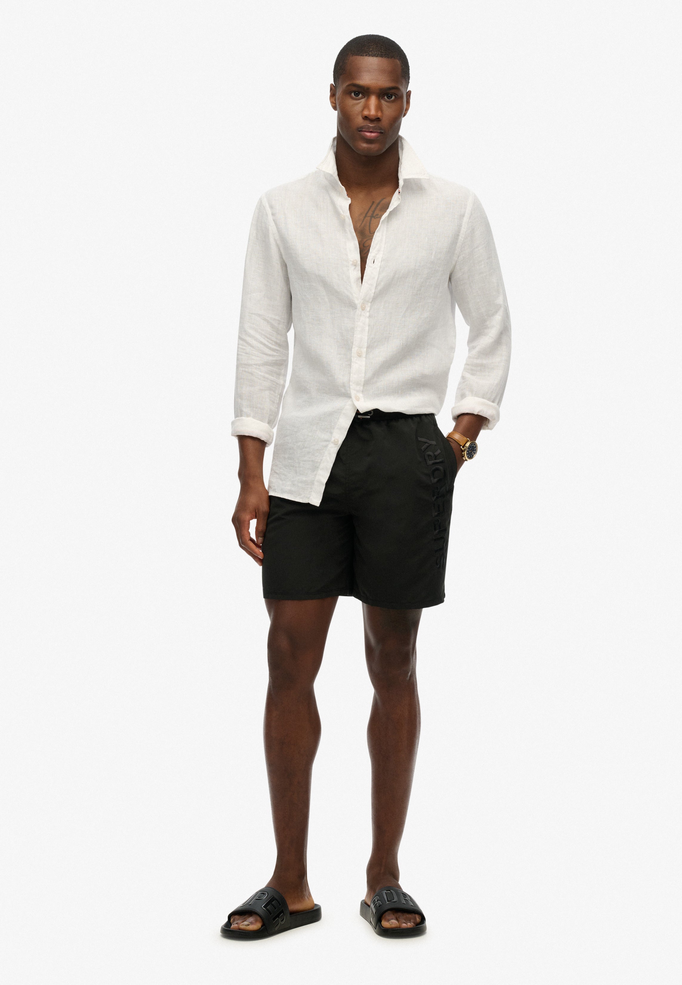 Man wearing a white button-up shirt, black shorts and black pool sliders.